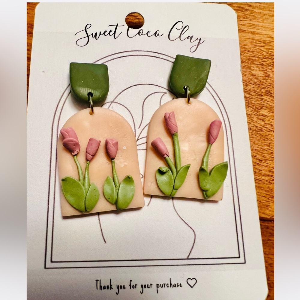 NEW Clay tulip earrings by Sweet Cocoa Clay. Lightweight & gentle on your ears.